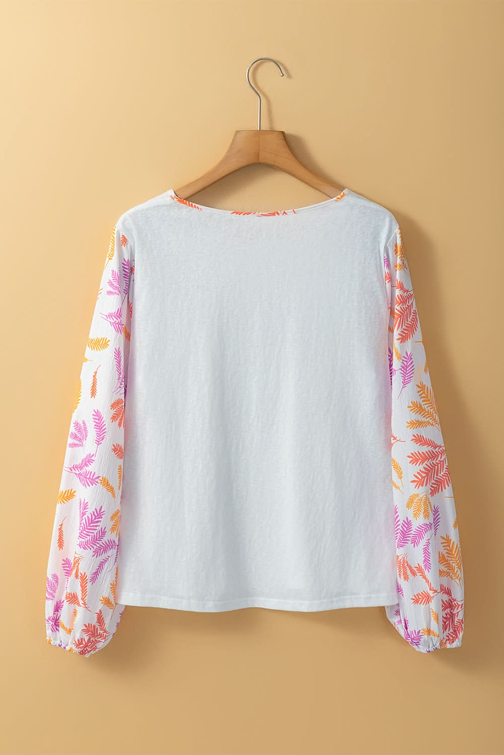 White Tropical Leaf Printed Patchwork Sleeve Round Neck Top - Love Salve